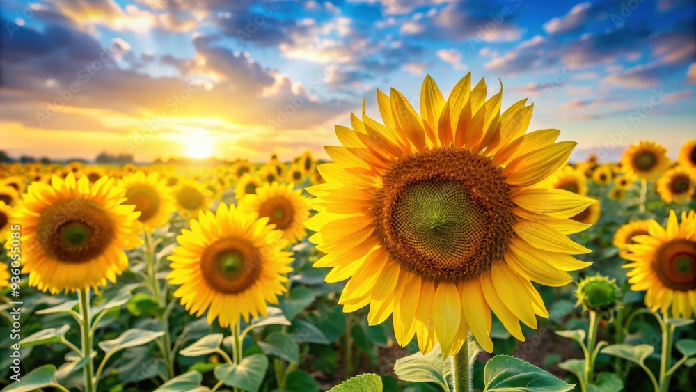 Fototapeta premium Bright and beautiful sunflowers blooming in the summertime field