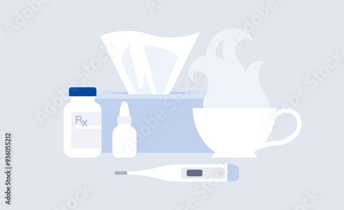 Cold and flu concept. Still life - hot tea, thermometer, pills, drops, tissue box. Medicine, health care, treatment, drugstore, prescription, drugs. Simplicity flat vector illustration, isolated