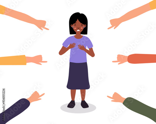 Young girl appears distressed as multiple hands point at her in an illustration of social pressure