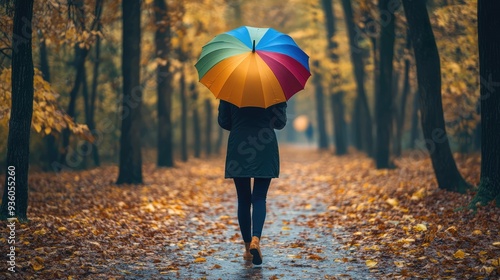 Woman with colorful umbrella walks in autumn forest, back view. The generation of AI