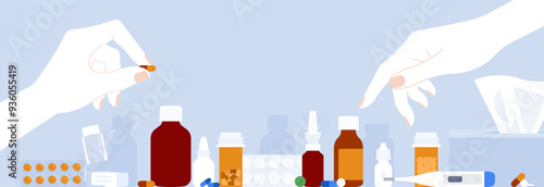 Medication banner - pills, capsules, drops, pill bottles, syrup, etc. Two hand are touching pills. Pharmacy horizontal banner, background. Health care concept. Simplicity flat vector illustration