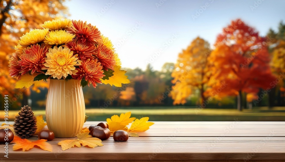 Fototapeta premium Piękne, kolorowe chryzantemy na drewnianym blacie. W tle jesienny ogród i las. Jesienne tło