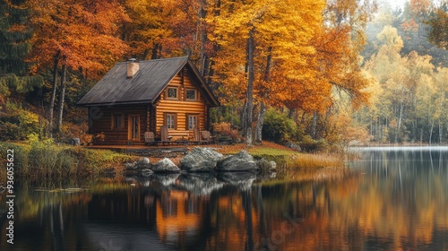 Wallpaper Mural Autumn season, wooden house on the shore of the lake. The generation of AI Torontodigital.ca