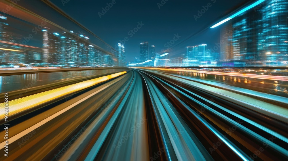 View from first railway carriage. Speed motion blur metro abstract background at night View from first railway carriage. Speed motion blur metro abstract background at night