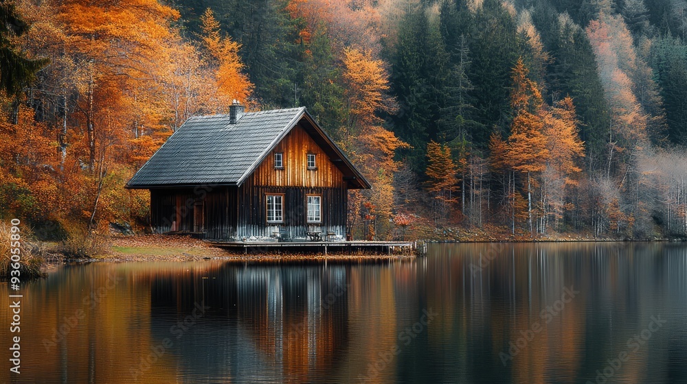 Fototapeta premium Autumn season, wooden house on the shore of the lake. The generation of AI