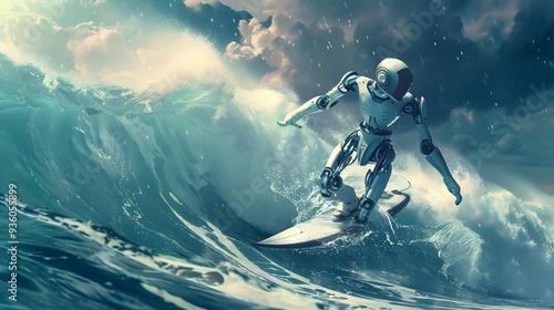 Robot Surfer Riding Wave: A robot surfer maintaining balance and grace while riding a massive wave. 