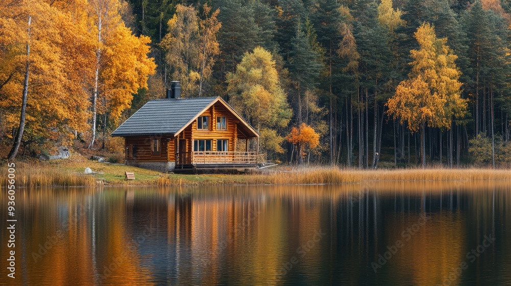 Autumn season, wooden house on the shore of the lake. The generation of AI Autumn season, wooden house on the shore of the lake. The generation of AI