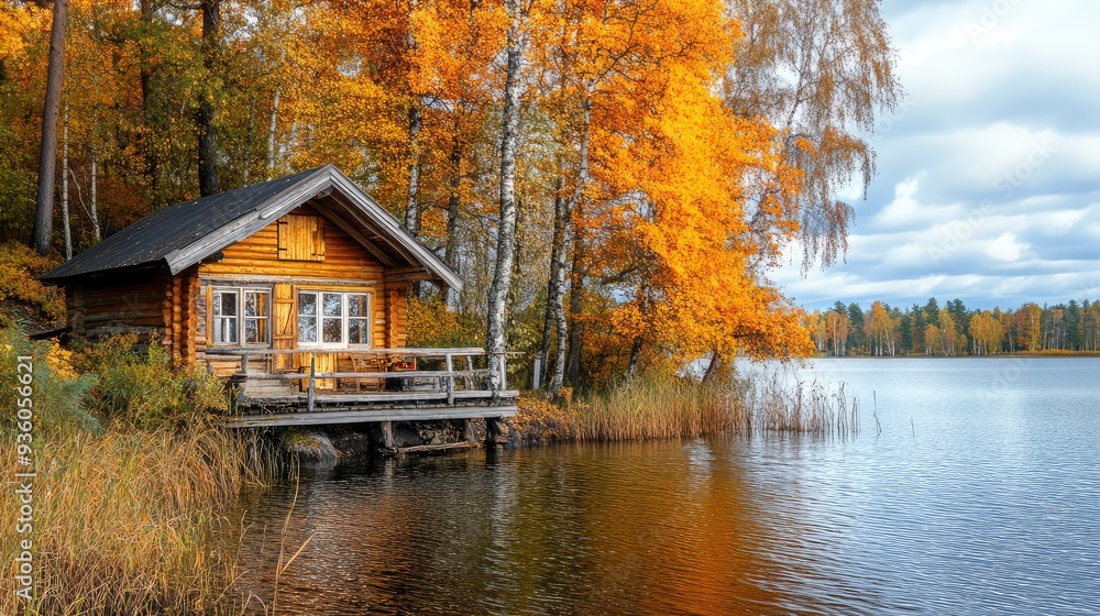 Autumn season, wooden house on the shore of the lake. The generation of AI Autumn season, wooden house on the shore of the lake. The generation of AI