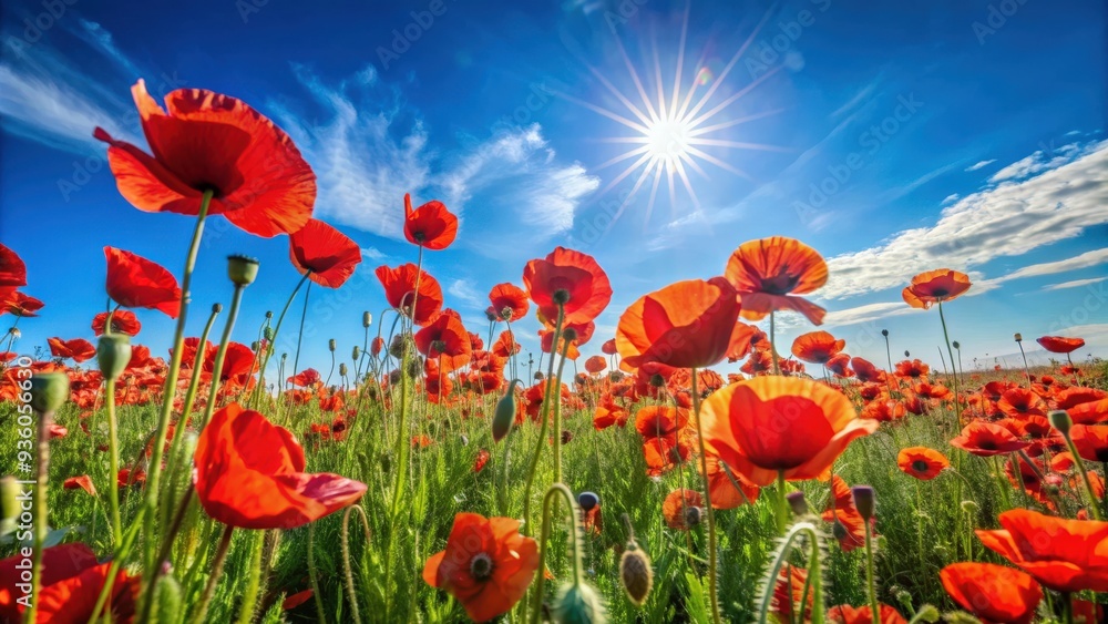 Fototapeta premium Vibrant field of wild red poppies under a clear blue sky on a sunny summer day