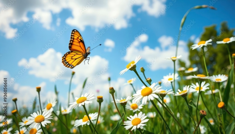 Spring summer landscape with field flowers of daisies and fluttering butterfly on background blue sky with clouds in nature. Colorful artistic image beauty of environment, ai Spring summer landscape with field flowers of daisies and fluttering butterfly on background blue sky with clouds in nature. Colorful artistic image beauty of environment, ai