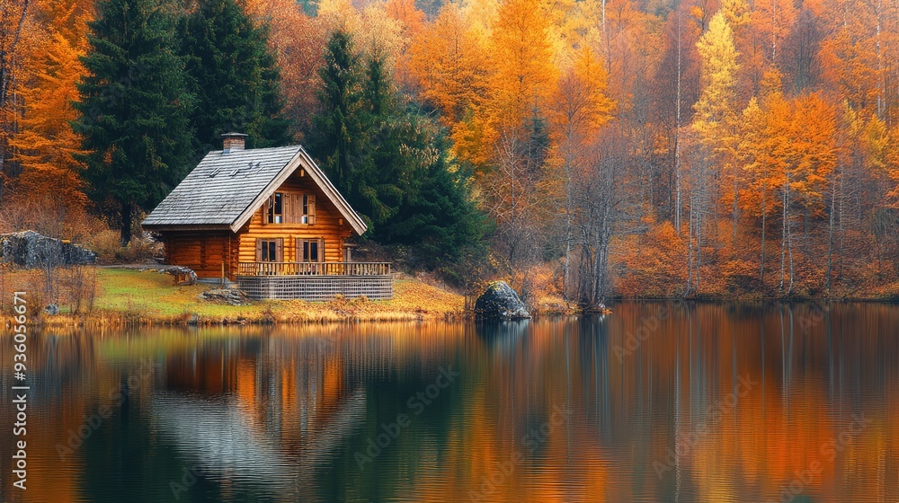 Obraz premium Autumn season, wooden house on the shore of the lake. The generation of AI