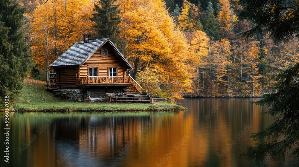 Fototapeta premium Autumn season, wooden house on the shore of the lake. The generation of AI