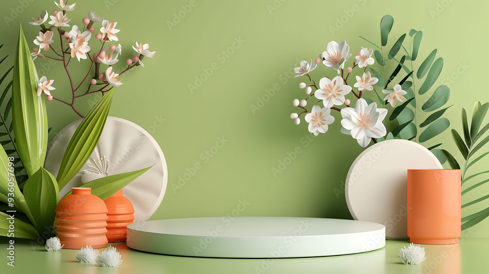 3D Podium on Lime Green Background Suitable for Herbal Product Display with Floral Decoration 3D Podium on Lime Green Background Suitable for Herbal Product Display with Floral Decoration