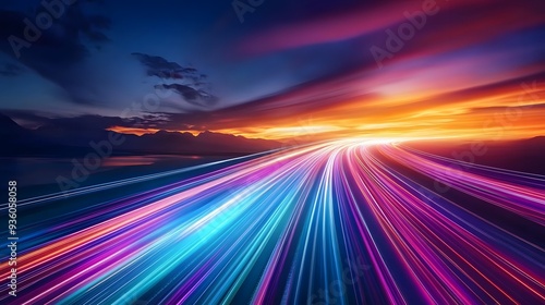 Highway Colorful Light Trails, Digital Marketing Speed Movement, Dark Blue Background, Orange-Toned Sunset Sky