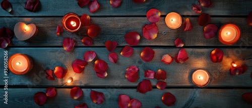 Burning Candles and Rose Petals on a Wooden Surface photo