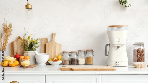 A stylish kitchen counter with superfood powders, fresh fruits, and a blender, emphasizing vegan meal prep