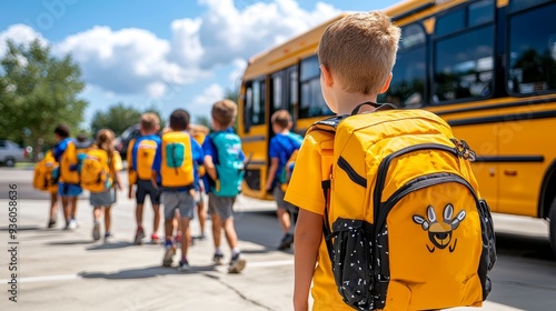 School field trip with students boarding a bus, ready for an adventure.