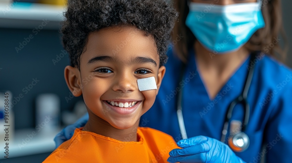 School nurse’s office with a student getting a bandage, nurse comforting them. School nurse’s office with a student getting a bandage, nurse comforting them.