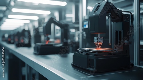 A futuristic digital manufacturing floor with 3D printers and robotic arms working in harmony to produce high-tech components in a sleek, organized environment