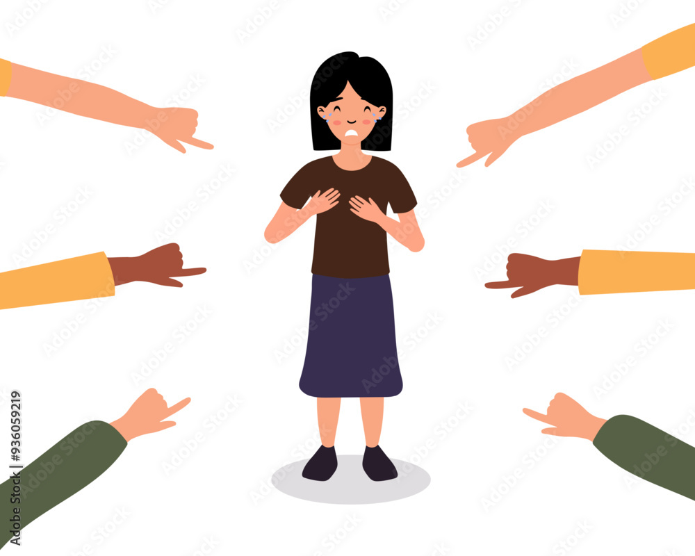 Young girl stands confidently amid pointing hands in a colorful illustration about social dynamics Young girl stands confidently amid pointing hands in a colorful illustration about social dynamics