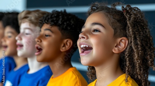 Students practicing in a school choir, singing in harmony.