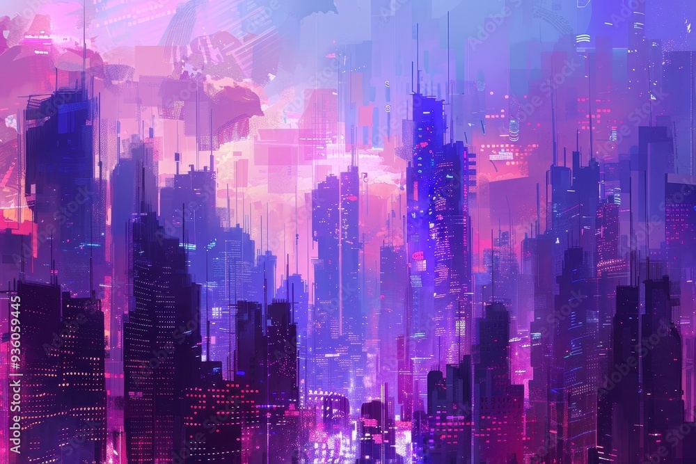 Neon-lit cityscape with tall skyscrapers under a purple sky Neon-lit cityscape with tall skyscrapers under a purple sky