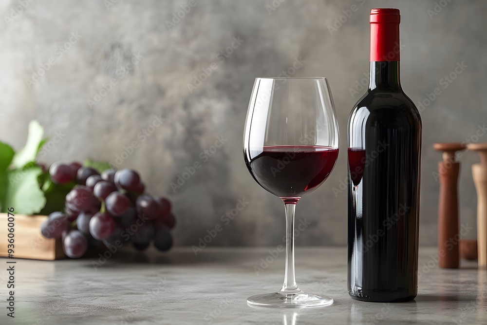 Fototapeta premium bottle of wine standing next to a half full glass of wine