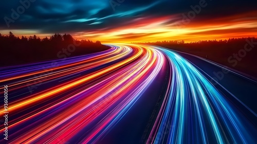 Highway Colorful Light Trails, Digital Marketing Speed Movement, Dark Blue Background, Orange-Toned Sunset Sky