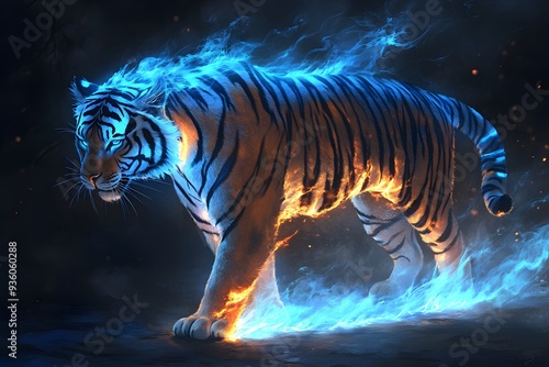 Fantasie-Tiger mit leuchtender Mähne und glühendem Feuer – Mystisches Tierdesign photo