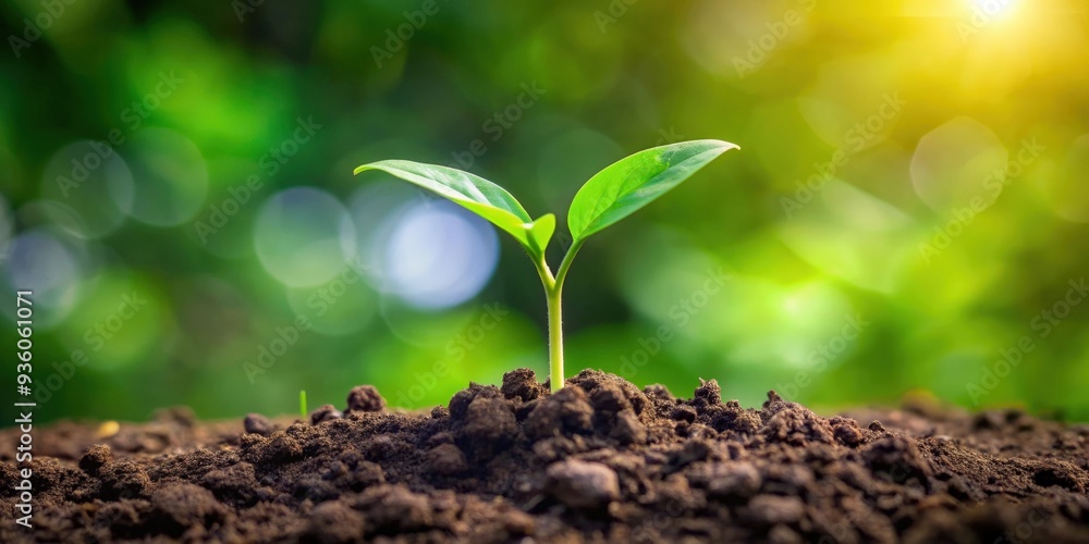 Fresh green seedling emerging from rich soil in a garden Fresh green seedling emerging from rich soil in a garden