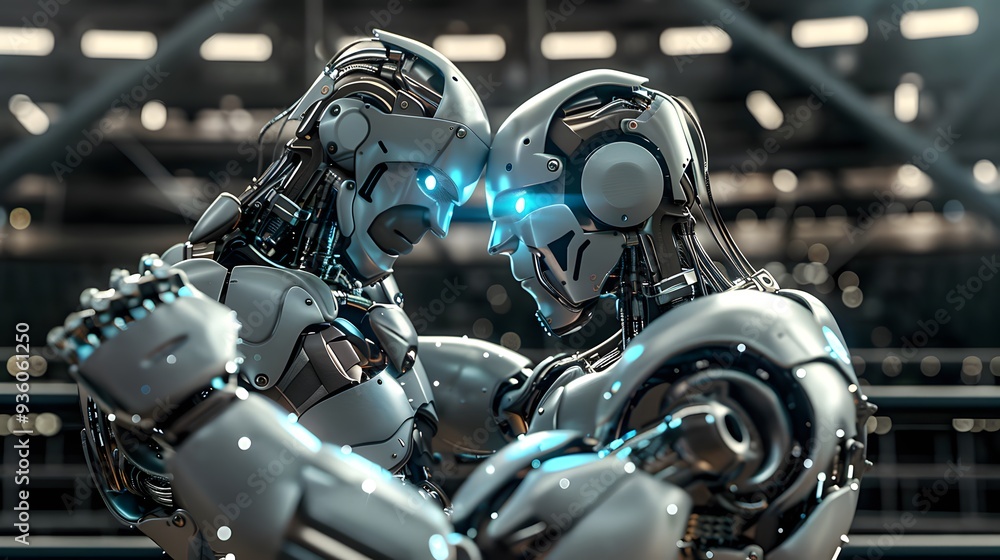 Fototapeta premium Robot Wrestler Grappling Opponent: A powerful robot wrestler in the midst of grappling its opponent. 