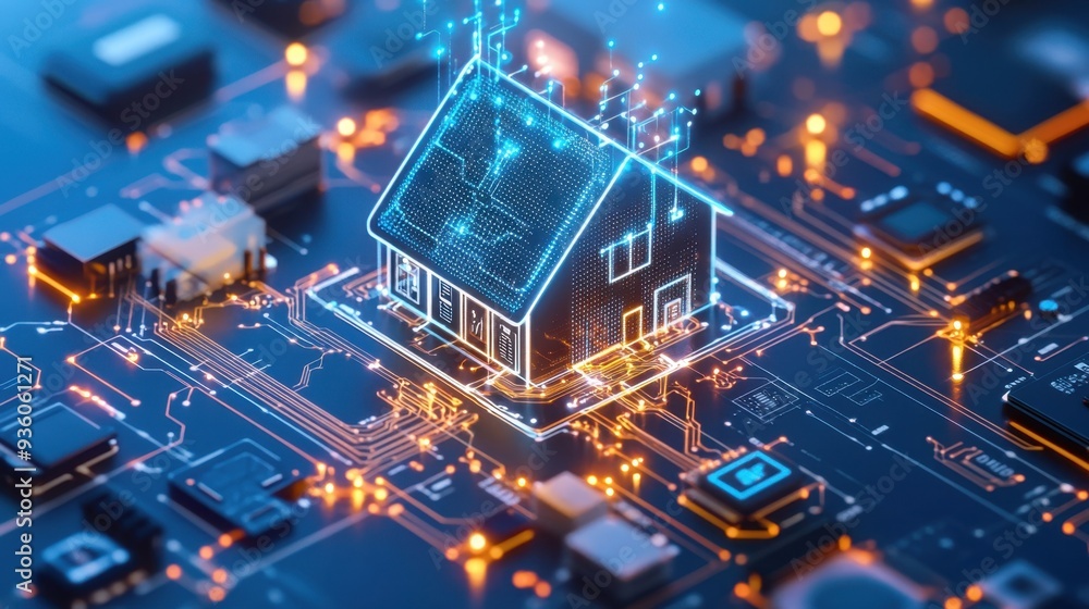 Neural network optimizing a smart home, with glowing circuits and connected devices Neural network optimizing a smart home, with glowing circuits and connected devices