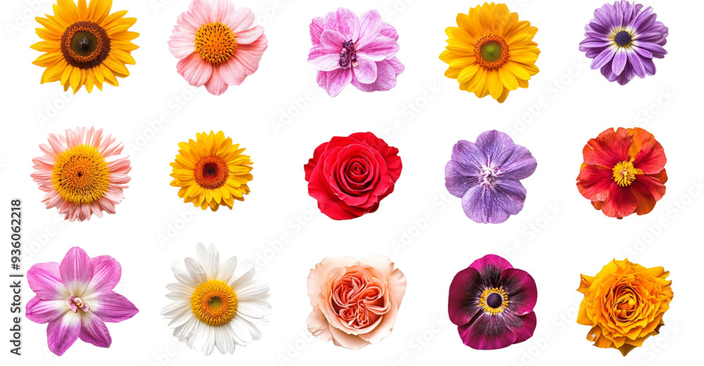 Vibrant and colorful flower set isolated on a white background Vibrant and colorful flower set isolated on a white background