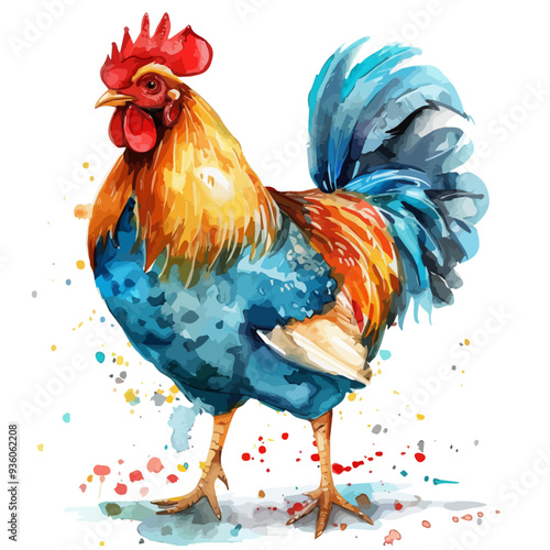 Vector illustration of a cartoon animation of rooster, painted in watercolor, isolated on a white background, rooster animation