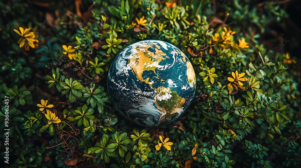 Earth globe in lush green foliage, symbolizing nature, ecology, sustainability, and the global responsibility to protect our environment. Earth globe in lush green foliage, symbolizing nature, ecology, sustainability, and the global responsibility to protect our environment.
