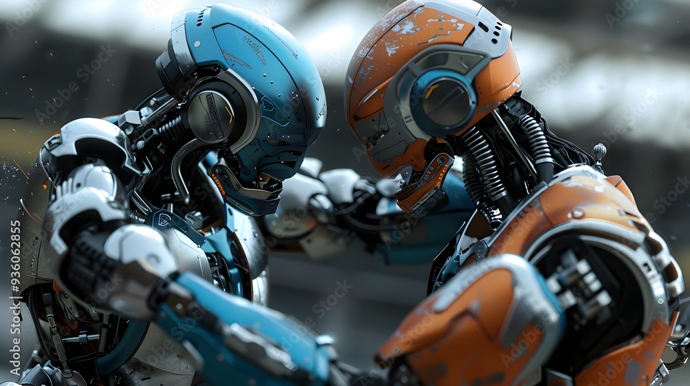 Robot Wrestler Grappling Opponent: A powerful robot wrestler in the midst of grappling its opponent.
