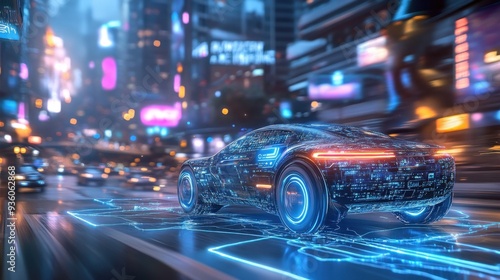 Futuristic vehicle powered by a neural network, racing through a neon-lit cityscape