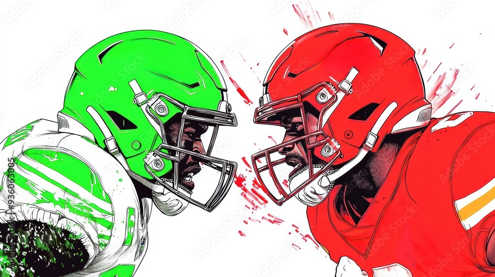 Intense rivalry between two football players in vibrant helmets, capturing the spirit of competition and sportsmanship in American football. Intense rivalry between two football players in vibrant helmets, capturing the spirit of competition and sportsmanship in American football.