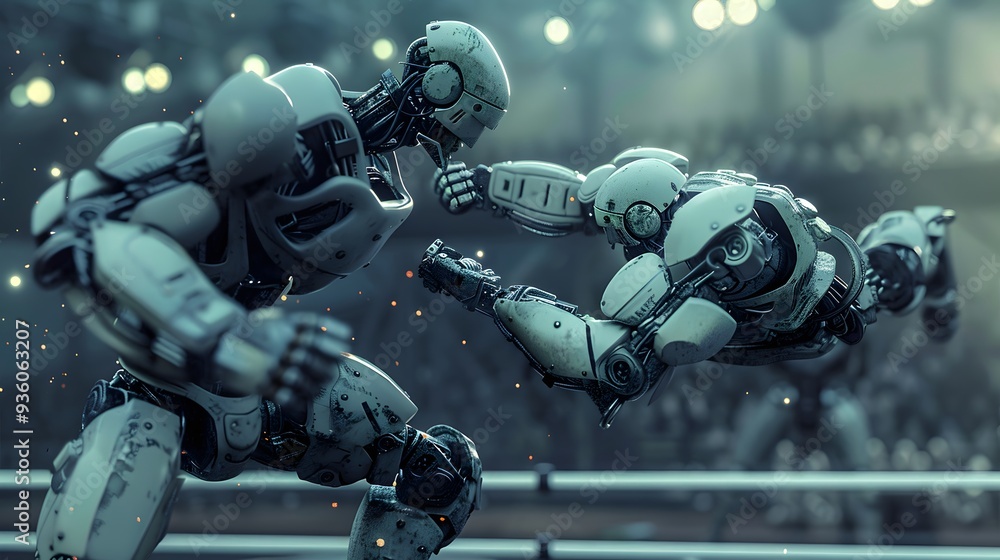 Robot Wrestler Grappling Opponent: A powerful robot wrestler in the midst of grappling its opponent.
Robot Wrestler Grappling Opponent: A powerful robot wrestler in the midst of grappling its opponent.