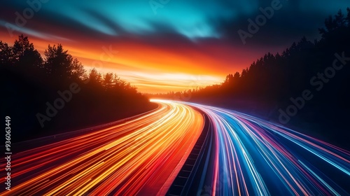 Highway Colorful Light Trails, Digital Marketing Speed Movement, Dark Blue Background, Orange-Toned Sunset Sky