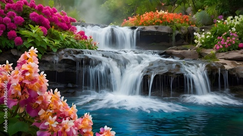 Beautiful waterfall flowing through an autumn park surrounded by trees and rocks