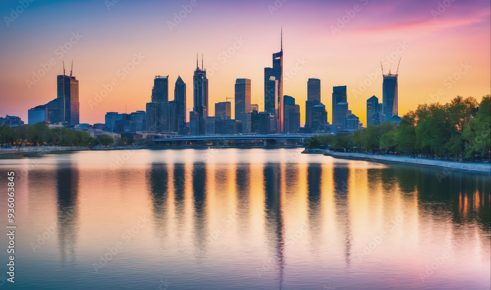 The city skyline reflects in the water during a beautiful sunset The city skyline reflects in the water during a beautiful sunset