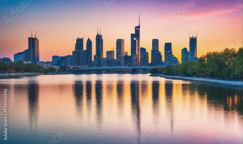 Wallpaper Mural The city skyline reflects in the water during a beautiful sunset Torontodigital.ca