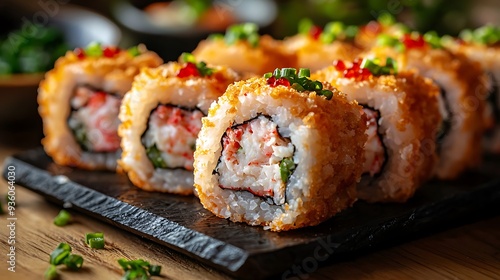 Crispy fried sushi rolls with crab meat, tobiko, and green onion, offering a delectable and visually stunning dish with a perfect blend of flavors.
