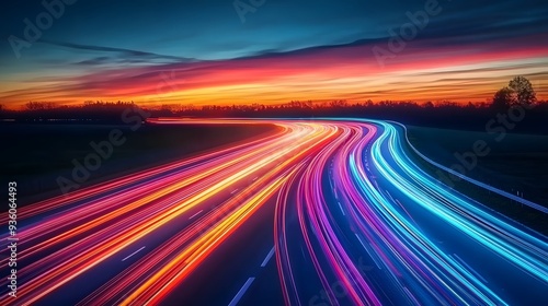 Highway Colorful Light Trails, Digital Marketing Speed Movement, Dark Blue Background, Orange-Toned Sunset Sky