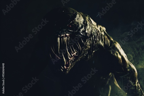 A monstrous creature with sharp fangs and a grotesque appearance lurks in the darkness, creating a scene of terror.