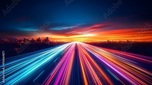 Highway Colorful Light Trails, Digital Marketing Speed Movement, Dark Blue Background, Orange-Toned Sunset Sky