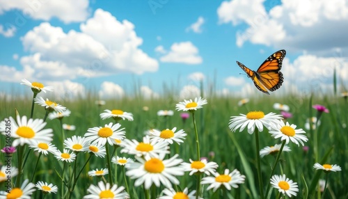 Spring summer landscape with field flowers of daisies and fluttering butterfly on background blue sky with clouds in nature. Colorful artistic image beauty of environment, ai