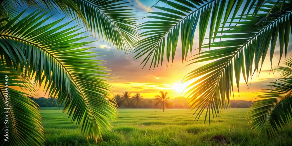 A beautiful stock photo featuring palm leaves against a meadow sunrise background A beautiful stock photo featuring palm leaves against a meadow sunrise background
