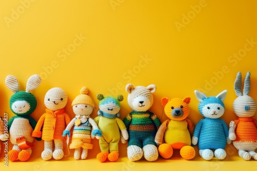 A colorful collection of hand-knitted stuffed animals lined up against a bright yellow backdrop, exuding a charming and playful vibe.